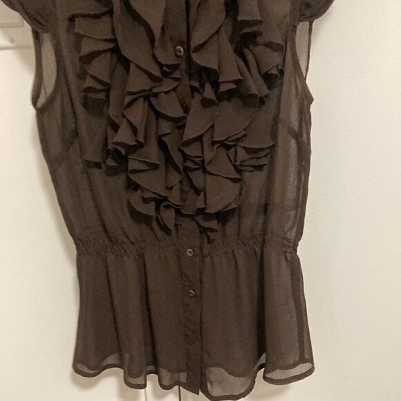 Cotton Express Women’s Semi Sheer Ruffle Button Front Blouse in Brown. Size S. - Picture 5 of 10
